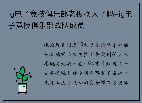 ig电子竞技俱乐部老板换人了吗-ig电子竞技俱乐部战队成员